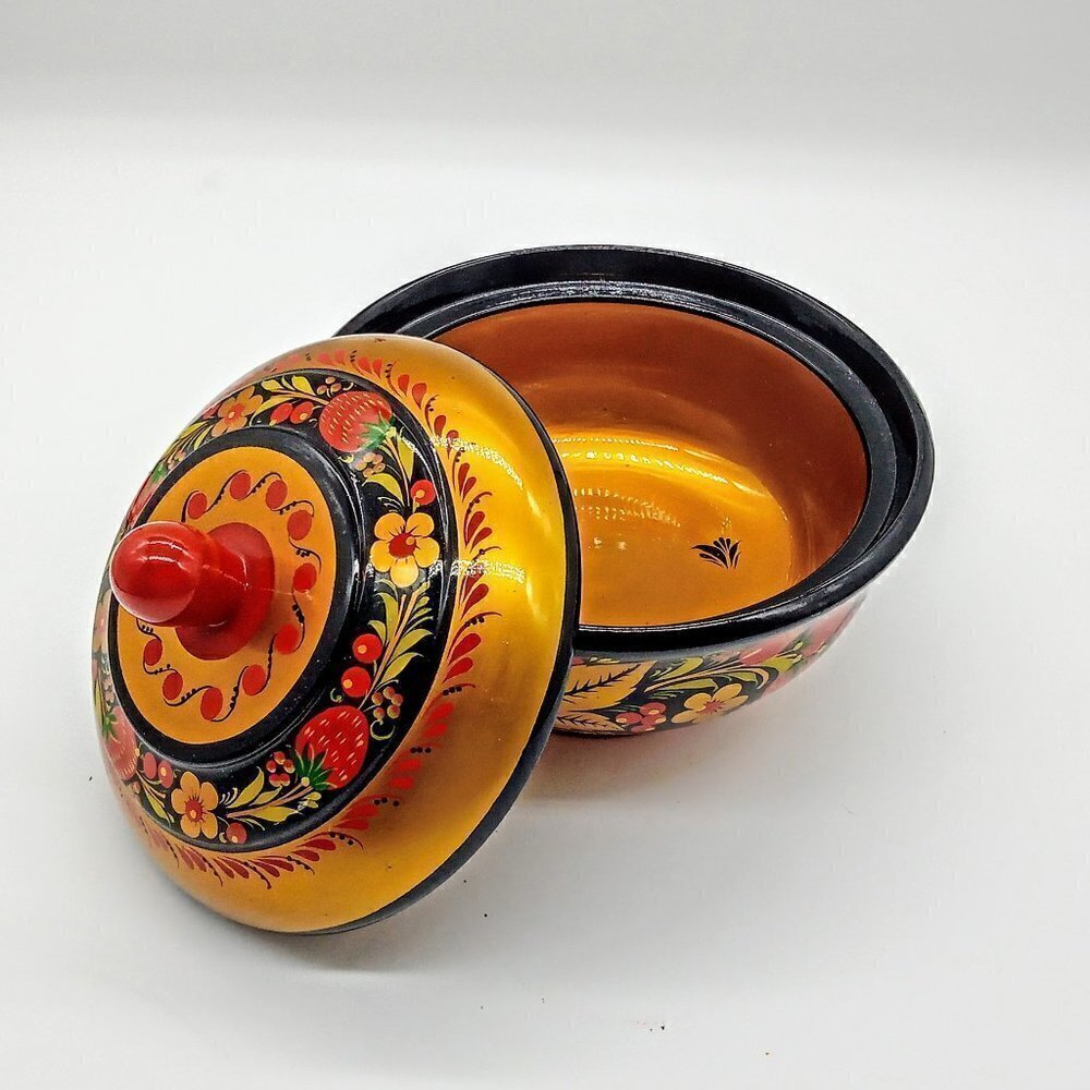 Russian Khokhloma Folk Art Painted Round Wood Covered Bowl - Picture 3 of 6